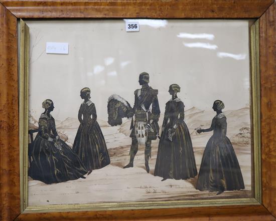 A Victorian gilt painted and cut paper silhouette of a Scotsman and four ladies standing in a landscape, 43 x 53cm